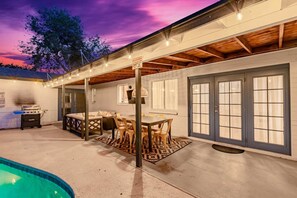 Covered Patio with Dining and Outdoor Living Room