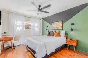 Bedroom 1 with Queen bed and desk/workstation