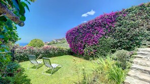 A charming garden oasis offering a serene ambiance,  #sunbeds #relaxing #seatingoutside #oceanview