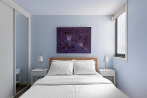  Sleep easy in the bedroom. It comes with a queen-sized bed and plenty of storage space for your belongings.
