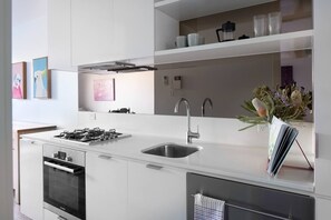  The modern kitchen comes fully equipped for your holiday catering, and you’ll also find plenty of trendy eateries close by.
