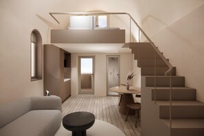 Photorealistic image of the living room, with a sofa bed