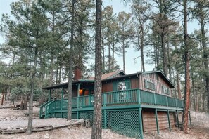 Nature's embrace at your doorstep! Welcome home to a tranquil front view nestled amidst majestic pine trees.