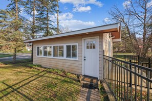 Cottage, House, Door, Outdoors, Railing