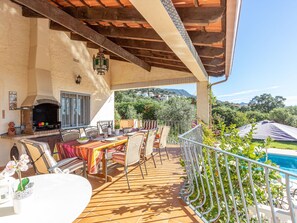 Property, Table, Plant, Building, Wood, Sky, Shade, Outdoor Furniture, Porch, Flowerpot