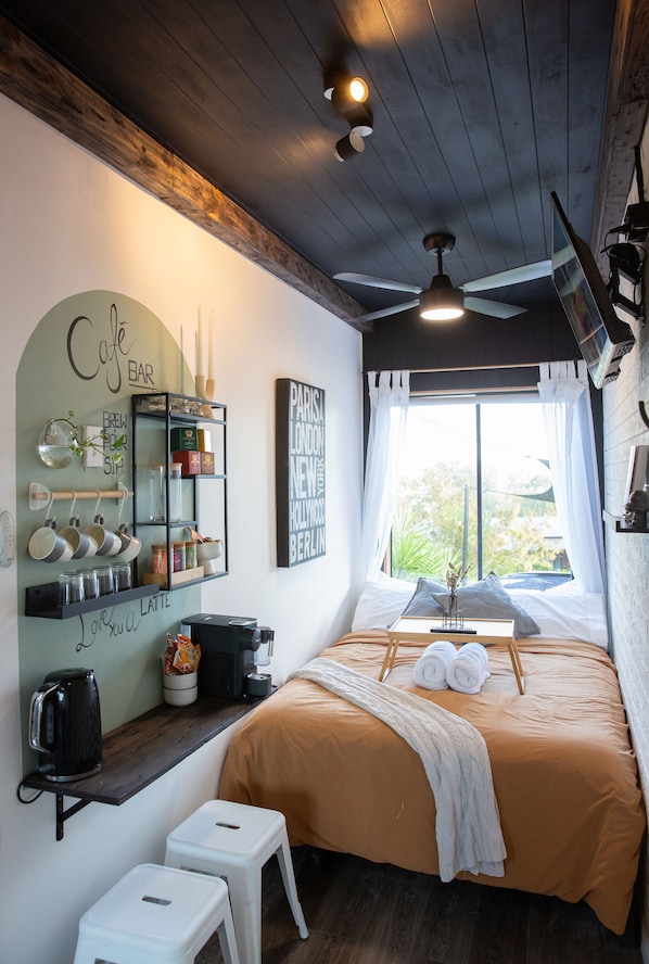 Inside the Room- showing the bed & coffee/breakfast station