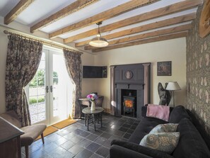 Log burner set in ornate fire place. French doors opening onto the garden