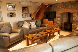 Lounge with sofas, coffee tables, fireplace with wood burner,TV
