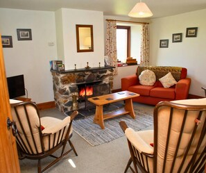 Living room with open fire, sofa, armchair, coffee table, tv