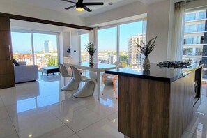 Kitchen and seating area with an amazing view