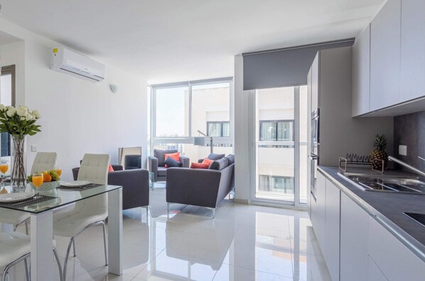 The open-plan living, kitchen and dining area