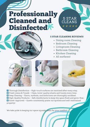 Spotless stays, every time! ✨ Our professional cleaners thoroughly disinfect and refresh the space after every guest, ensuring a safe and pristine environment for your visit. 🏡🧼