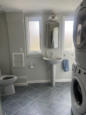 Lower level bathroom with washer/dryer