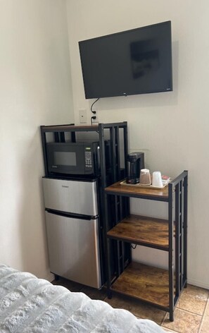 tv microwave, mini fridge