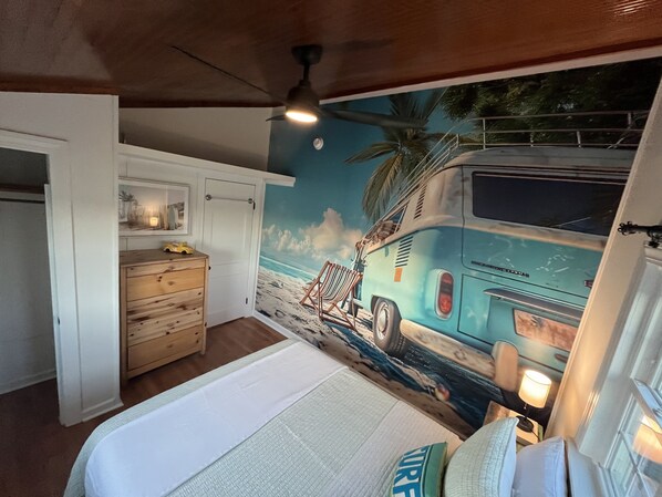 Huge beach mural in Upstairs Queen Bedroom with 55” smart TV