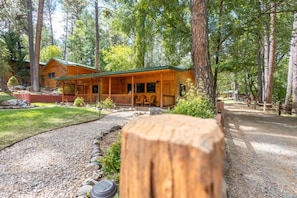 Pine-framed serenity: Front view bliss amidst nature's embrace.