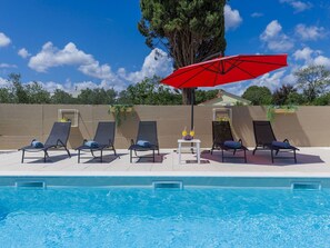 Water, Sky, Cloud, Furniture, Property, Swimming Pool, Umbrella, Building, Azure, Tree