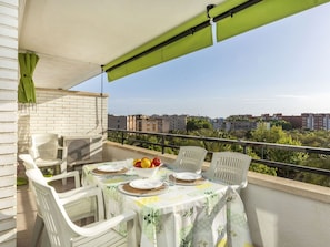 Furniture, Apartment, Chair, Balcony, Kitchen & Dining Room Table, Shade, Outdoor Furniture, Glass, Outdoor Table, Condominium