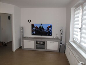 Furniture, Cabinetry, Television, Wood, Interior Design, Living Room, Floor, Houseplant, Shelving, Home Appliance