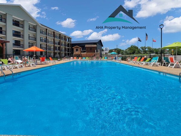 One of Branson's most beautiful pools with lounge chairs, gazebo, firepit and children's play area.  Open Memorial day to Labor day.  