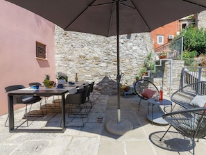 Cloud, Sky, Building, Tableware, Azure, Plant, Chair, Table, Condominium, Porch