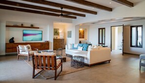 Gorgeous wood furnishings and exposed wood beams
