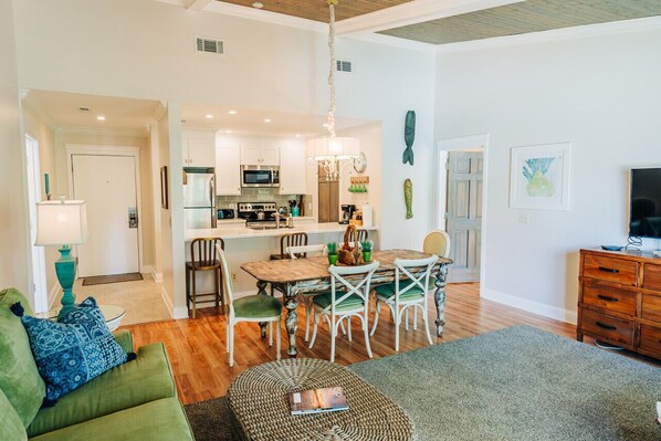 spacious living room with vaulted ceilings