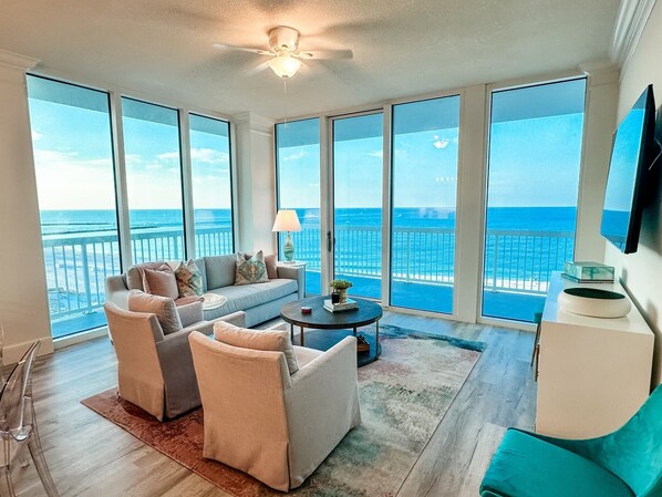 Living Room with view of Gulf of Mexico and Perdido Pass from Private Balcony