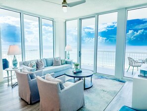 Living Room with view of Gulf of Mexico and Perdido Pass from Private Balcony