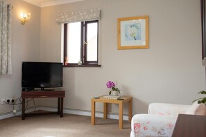 flat screen tv on small table, armchair, small table with plant pot and flower.