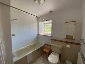Bathroom, bath with shower over, toilet, radiator and window