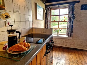 kitchen area with induction hob, electric oven and fresh coffee and croissants