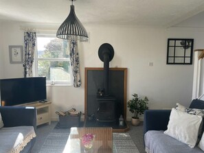 Sitting room with woodburner and TV