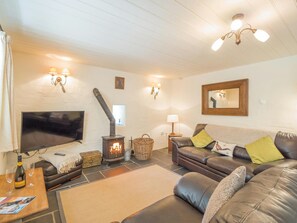 Living area with sofas, wood burner, tv