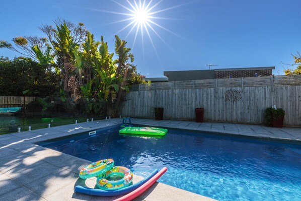 Pool NOT HEATED in winter, solar heated on Summer. SPA always heated all year.