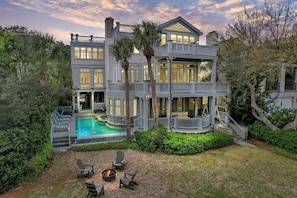 Front view at twilight