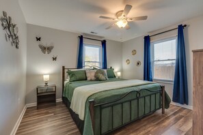 The master has a King bed, black-out curtains, a 24" HD Smart TV, and closet.