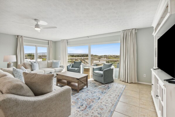 Sun-filled Living Area with Spectacular Views, Sliders to Deck and Flat Screen TV with Cable and Streaming (Sleeper Sofa)