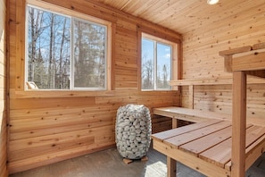 Take the stress away in our Dry sauna w/changing rm heated by Humm'