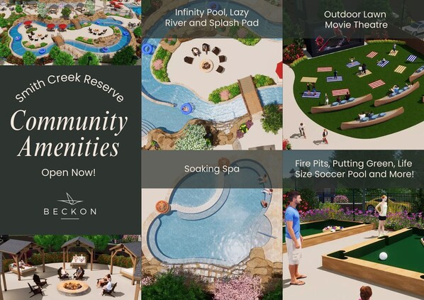 *NOW OPEN!* Take swimming breaks with pickle ball, mini golf, ping pong, and pool tables, all in your neighborhood recreation area. Hop in on an outdoor movie, day or night!