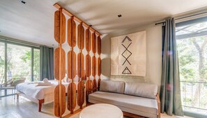 Enter the gorgeous, luminous, and airy living space with soothing natural decor