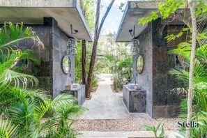 An outdoor wash station in the common area