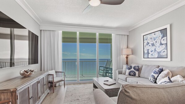 Freshly decorated living area overlooking Panama City Beach's Emerald Shores.