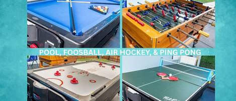 Your private game room: full-size pool table, foosball, air hockey & ping pong — perfect for all ages.