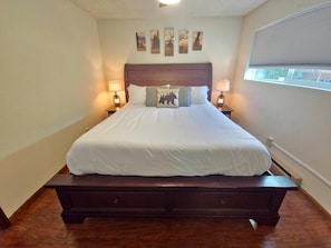 Sink into a king size, memory foam mattress and sleep in with room darkening shades.