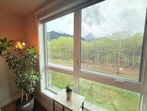 Living Room w Sofa Bed, Smart TV, Electric Fireplace and Beautiful Window View.