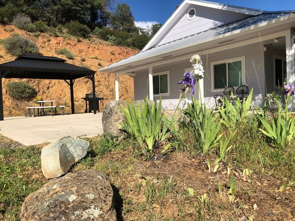Front of Lilac with Gazebo, Gas BBQ, Picnic table, and Iris's in bloom.