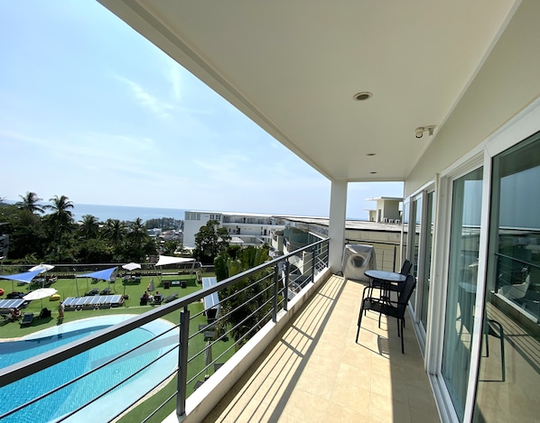 Large balcony with amazing sea views over the pool.  Best sunsets ever!