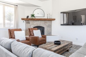 Living Room with Sofa Sleeper, fireplace, 75" Smart TV