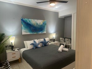 Plush king-size bed with Caribbean vibes